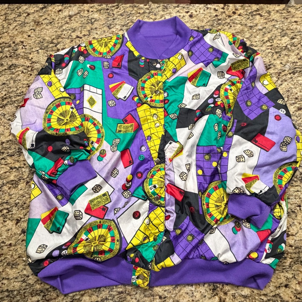 Vintage Current Seen Casino Bomber Jacket Purple Gaming Dice Roulette 2x 3x v